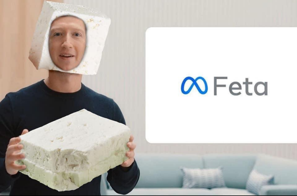 Mark Zuckerberg holding a block of feta cheese. The modified Meta logo says Feta.